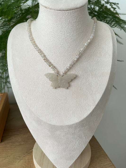 Handmade Necklace with Carved Hetian Jade Butterfly and 4mm Sakura Agate Beads