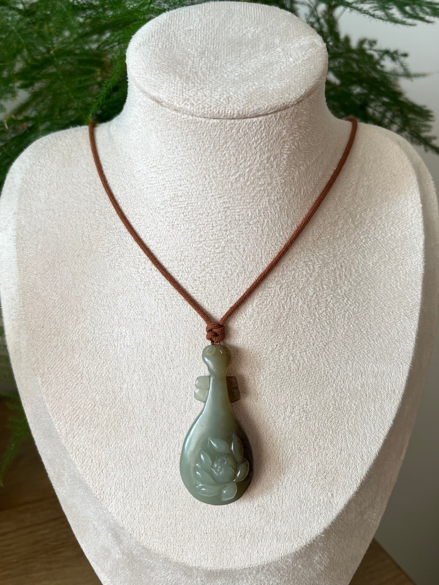 Handmade Necklace with a Hand Carved Blue and Brown Jade Pipa Instrument Pendant