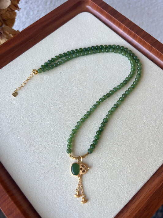 4mm Green Hetian Jade Beaded Necklace