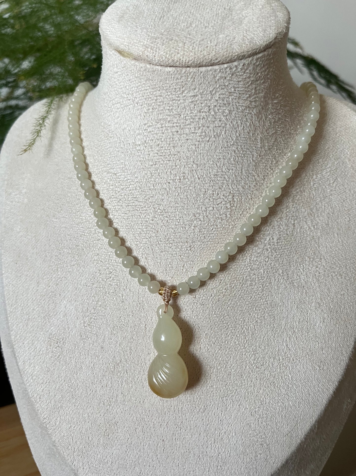 Necklace Crafted from White and Brown Hetian Jade Hulu and 5mm White Hetian Jade Beads