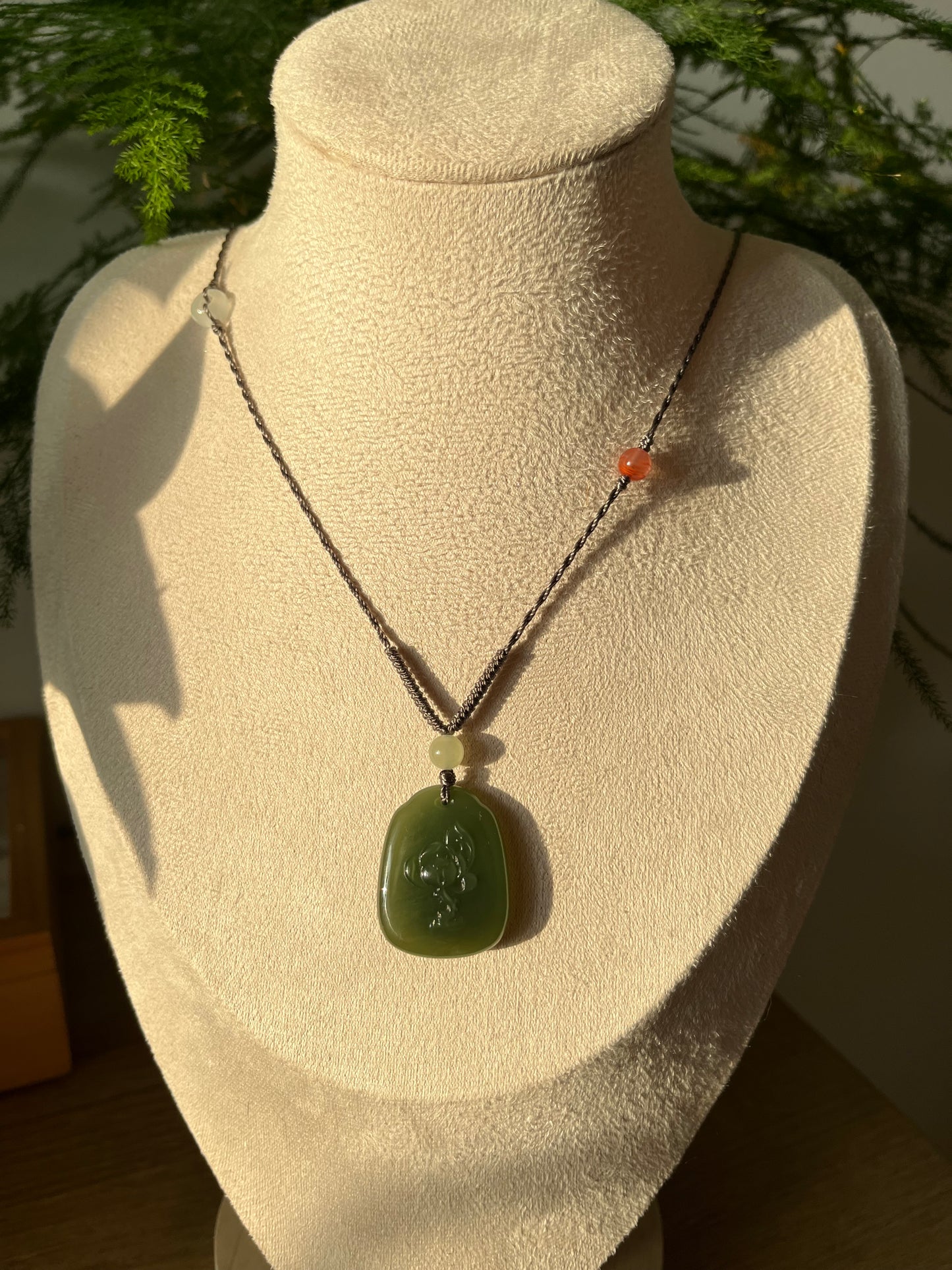 Handmade Necklace with A Hetian Green Jade Happy Buddha Pendant，和田湖水绿逍遥佛