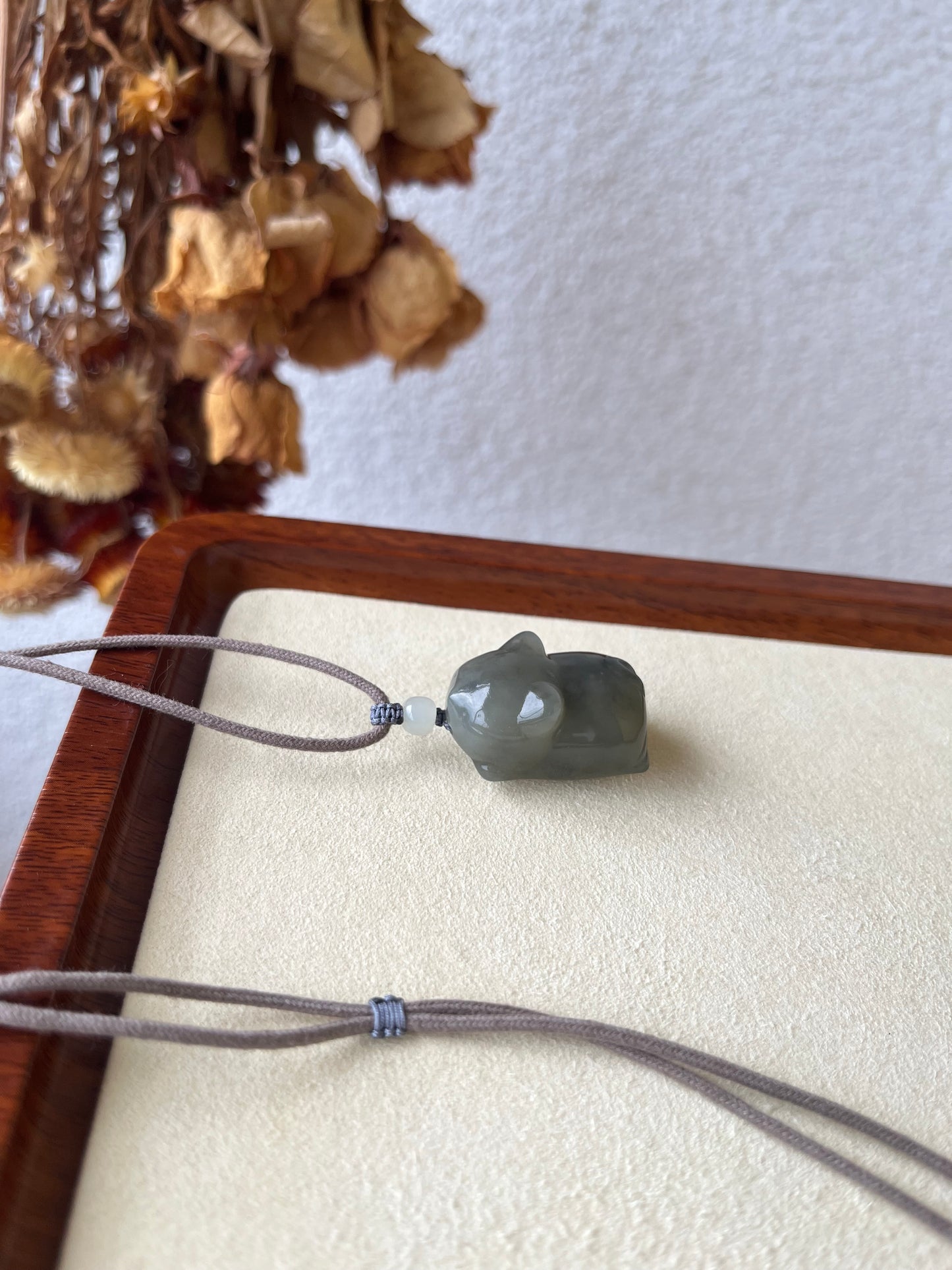 3D Hand Carved Gray Hetian Jade Cat Pendant