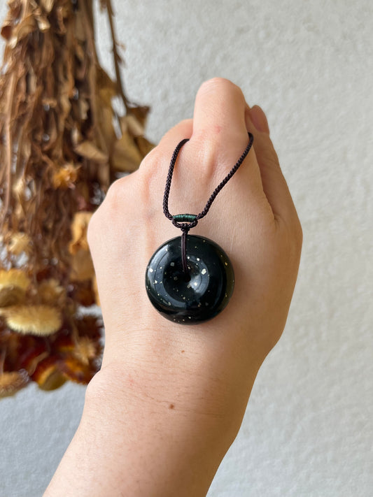 Gold-Speckled Dark Cyan Hetian Jade Safty Buckle, PI Pendant | 和田青玉洒金平安扣