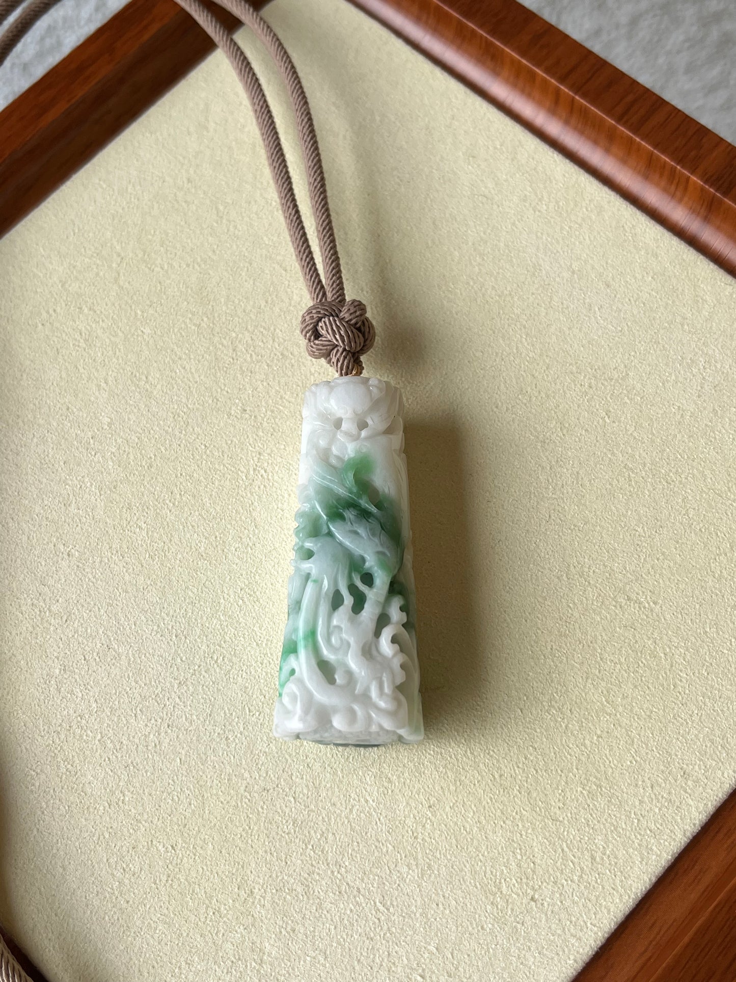 Hand Carved Jadeite Dragon and Phoenix Pillar
