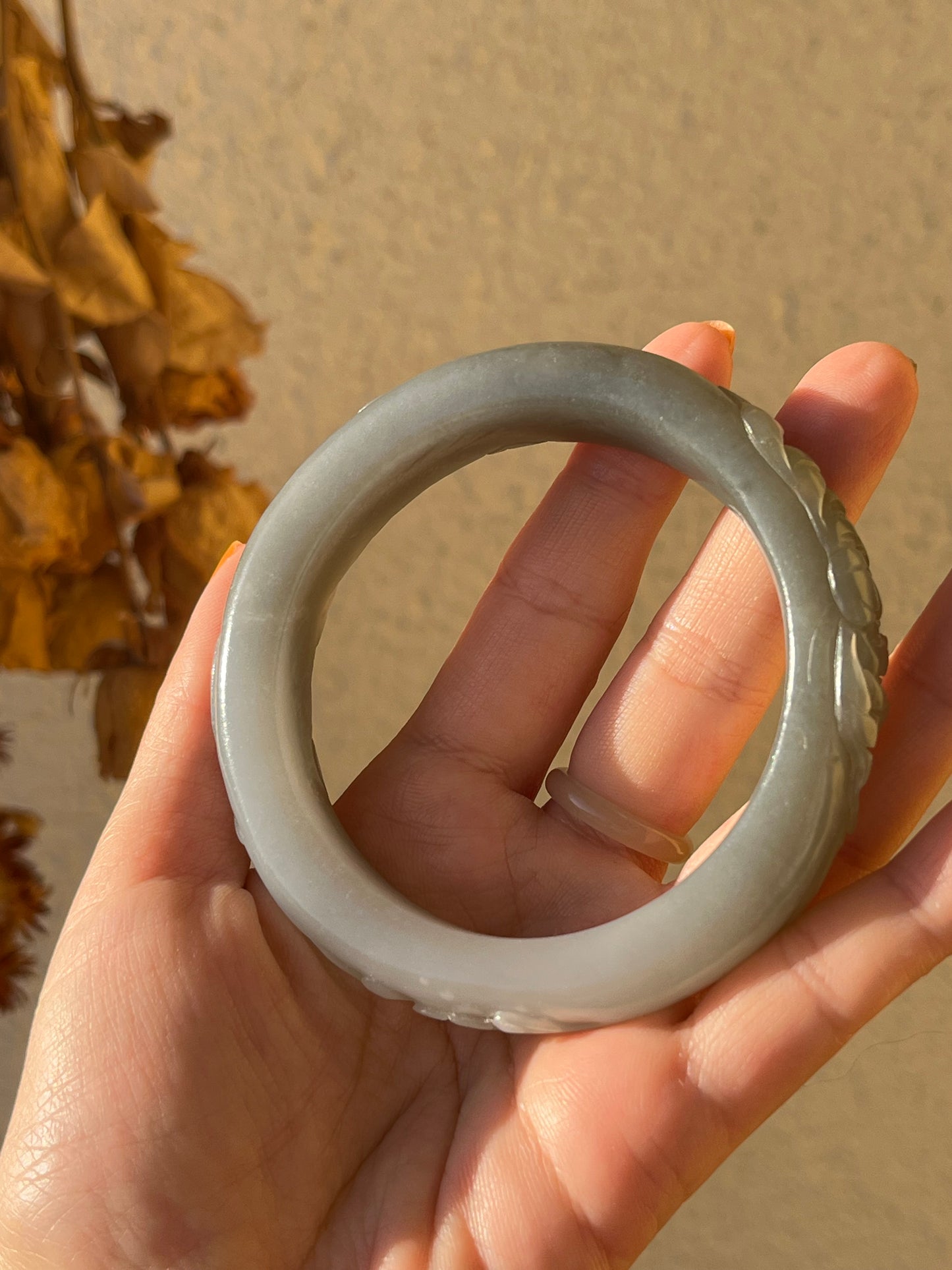 Smoky Purple Hetian Jade Carved Bangle 58mm | 和田烟紫雕花镯