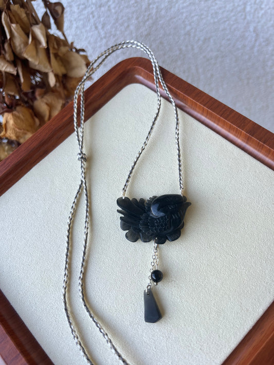 Hand Carved Black Xiu Jade Magpie