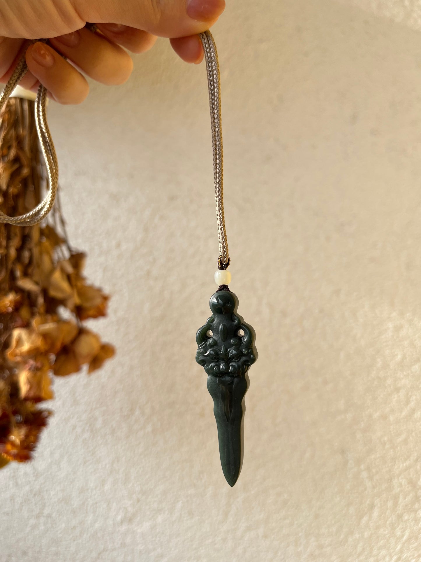 Carved Dark Cyan Hetian Jade Pixiu Sword Pendant, 青玉细料貔貅剑
