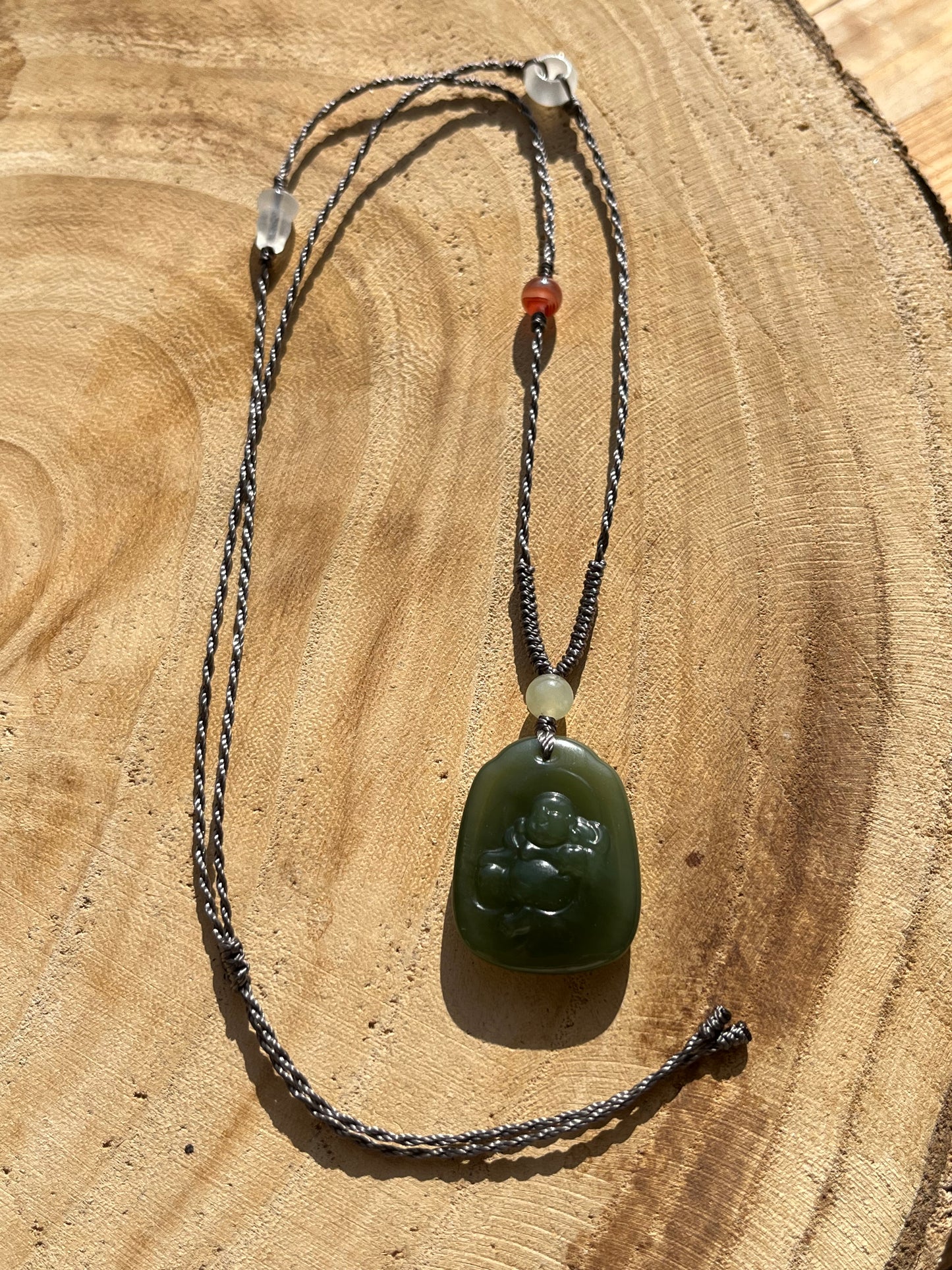 Handmade Necklace with A Hetian Green Jade Happy Buddha Pendant，和田湖水绿逍遥佛