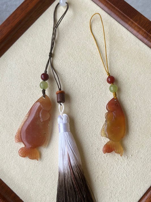 Hand Carved Xiu Jade Fish Phone Charm / Bag Charm