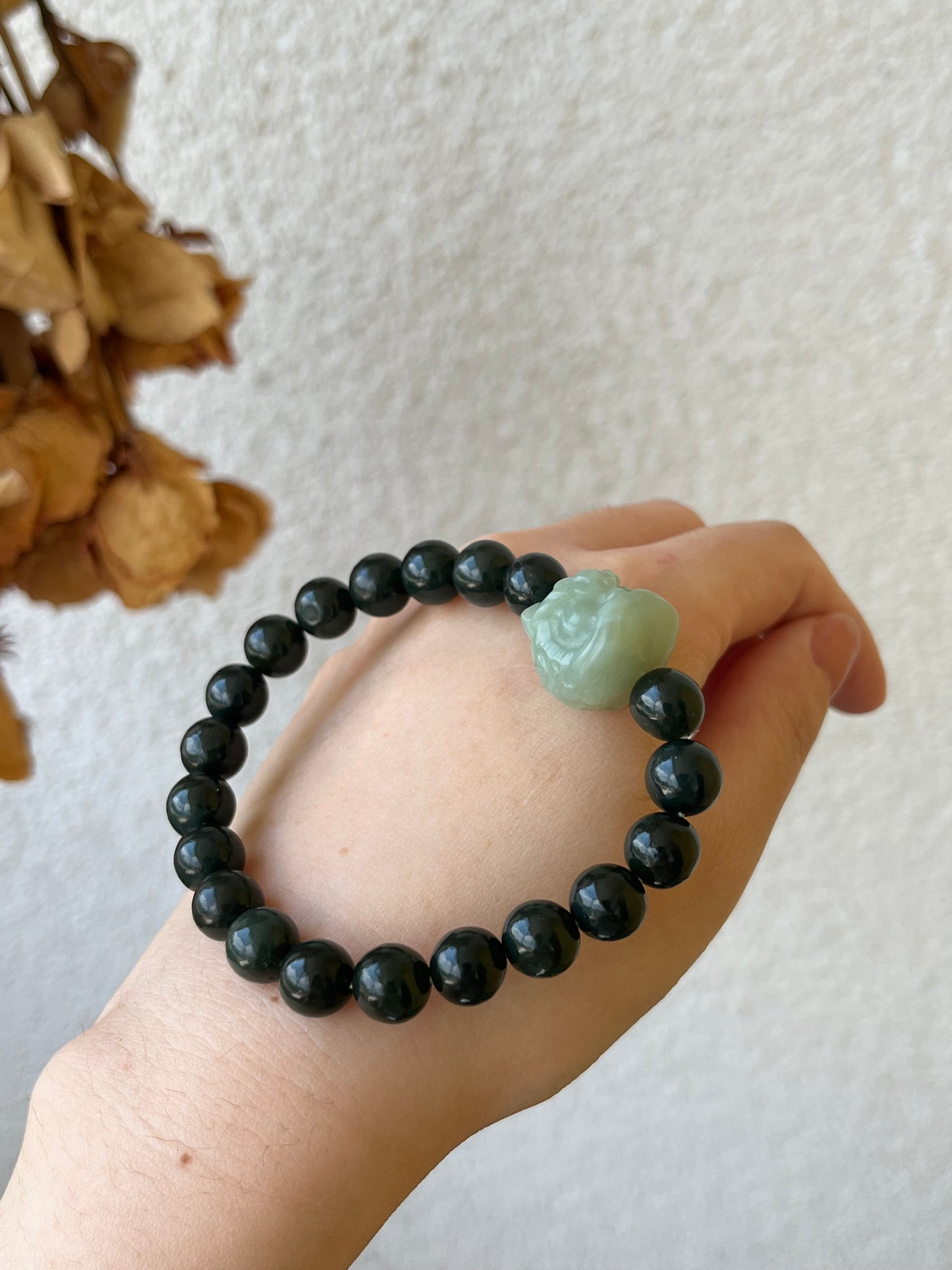 9mm Dark Cyan Hetian Jade Beaded Bracelet with a Blue Hetian Jade Lion Dance Head