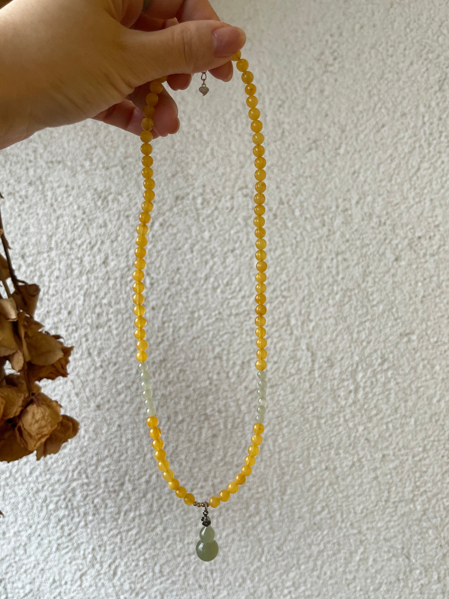 Necklace Crafted from 5mm Amber Beads and 4mm Hetian Jade Beads with a Hetian Jade Hulu Pendant