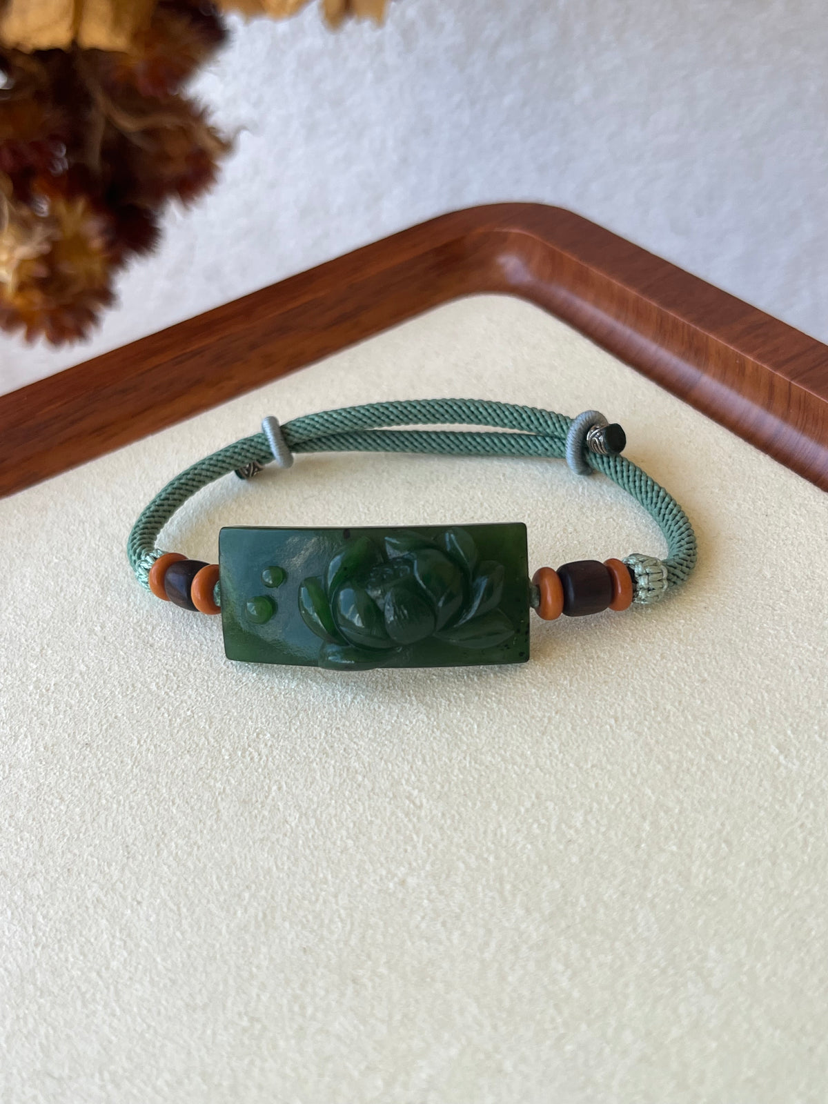 Hand Carved Spinach Green Hetian Jade Lotus Bracelet | 手雕菠菜绿和田碧玉荷花手牌