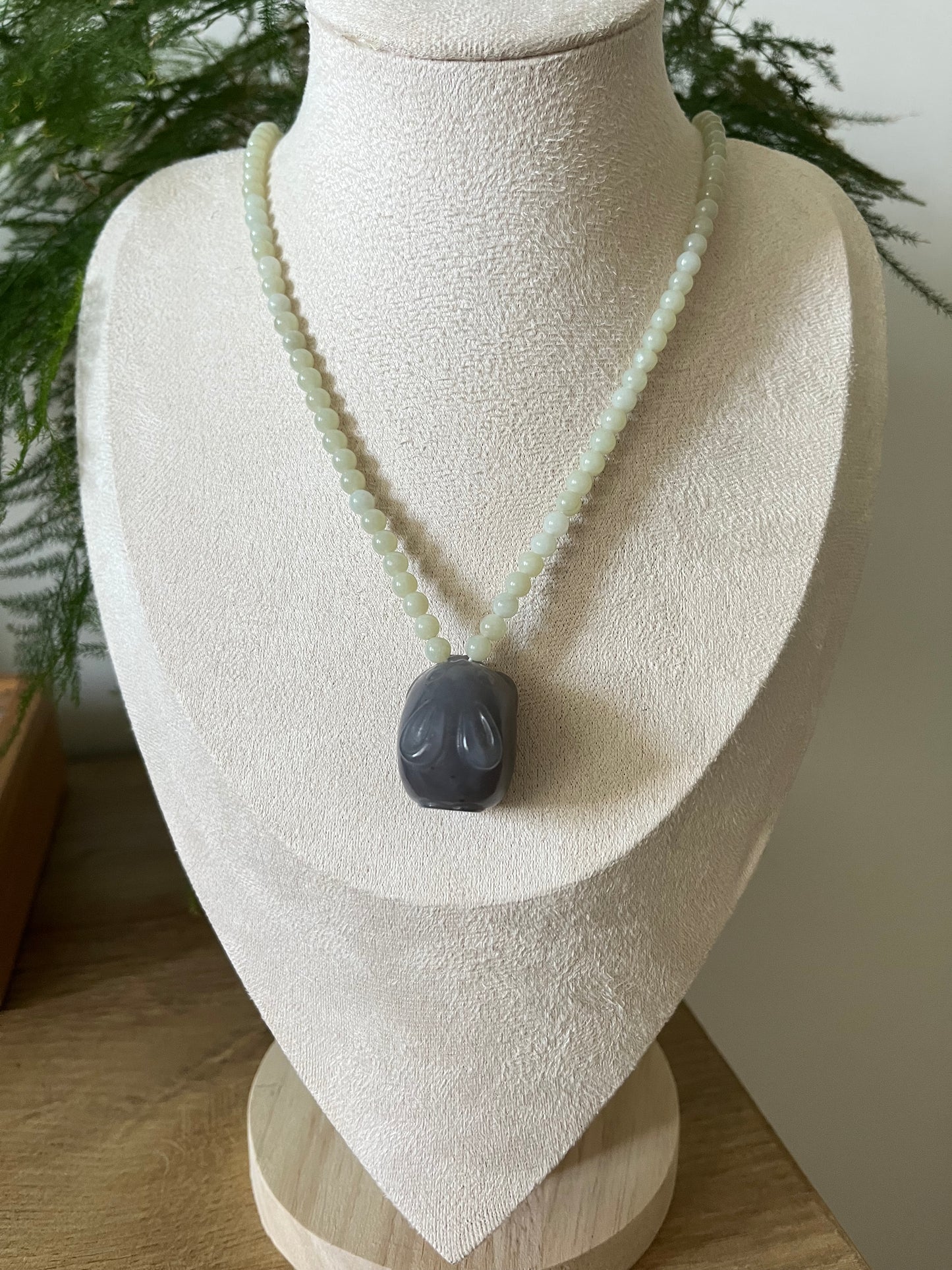 Chinese Zodiac - Handmade Necklace with a Hand Carved Purple Hetian Jade Rabbit and 5mm Hetian Jade Beaded Cord