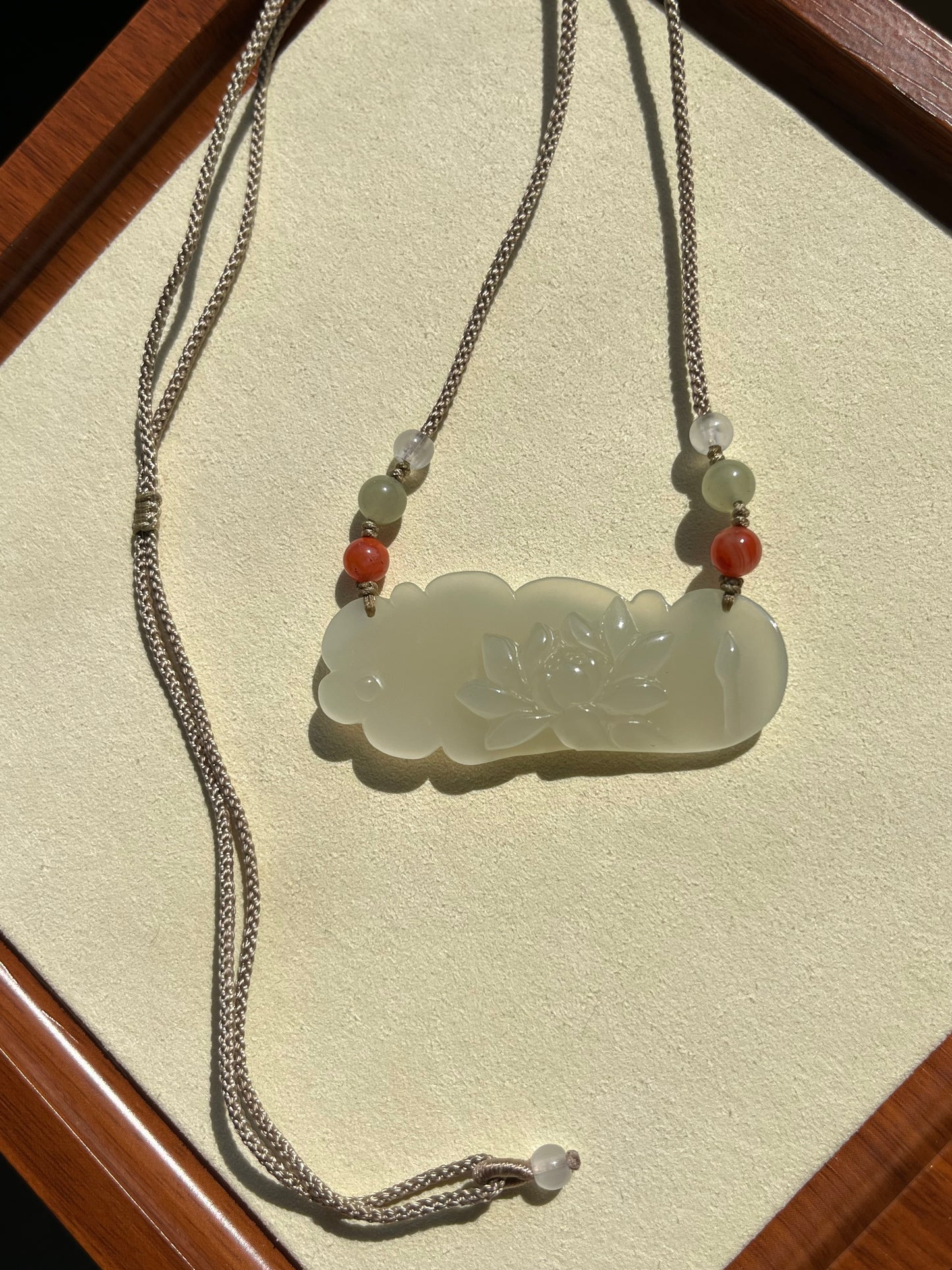 Hand Carved Icy White Hetian Jade Lotus Pendant