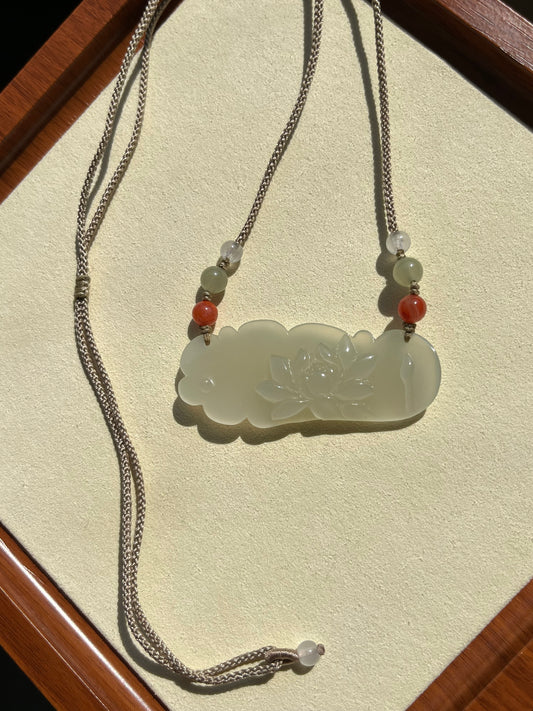 Hand Carved Icy White Hetian Jade Lotus Pendant