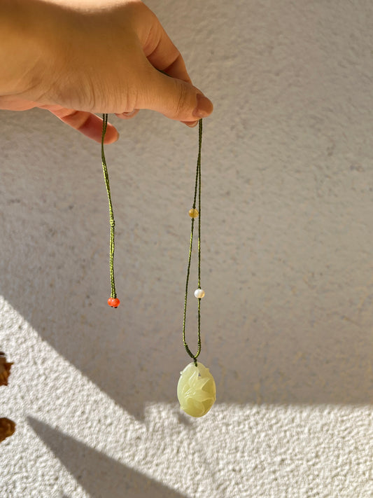 Handmade Necklace with a Hand Carved Yellow Hetian Jade Bamboo Pendant