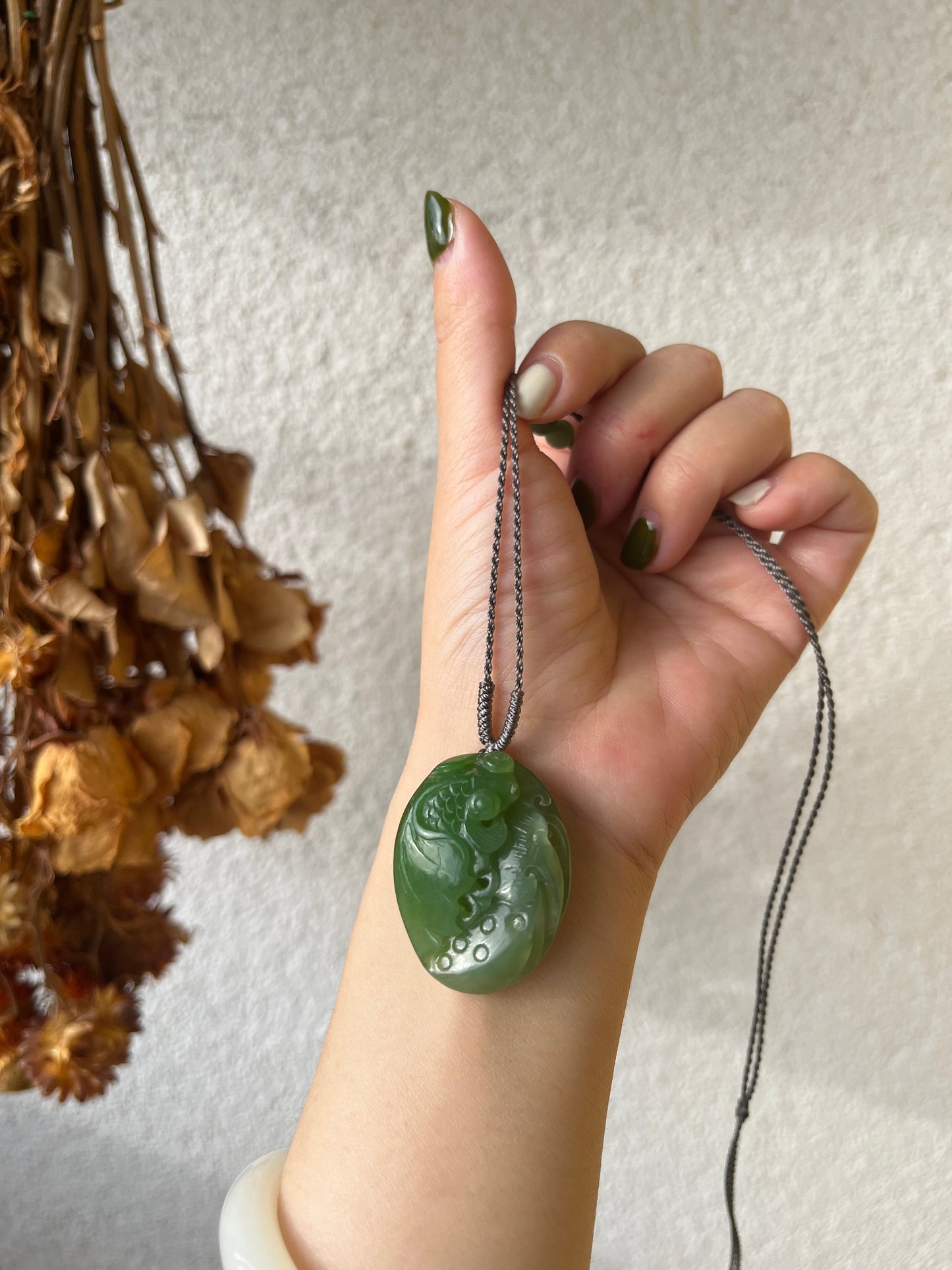 Hand Carved Green Hetian Jade Koi Fish and Lotus Leaf | 手雕碧玉白加绿荷叶金鱼