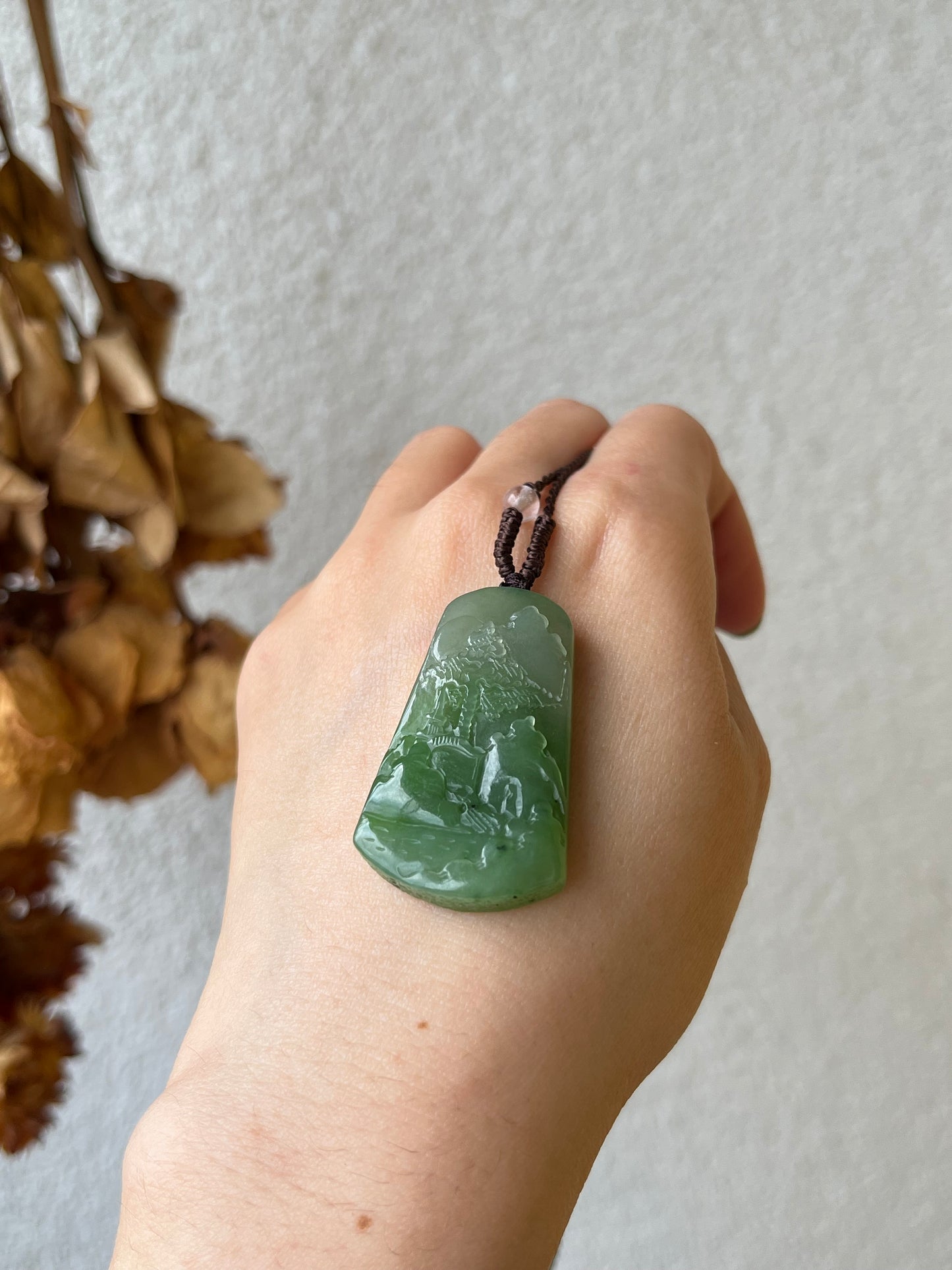 Hand Carved Green Hetian Jade Landscape Pendant | 手雕和田碧玉山水牌