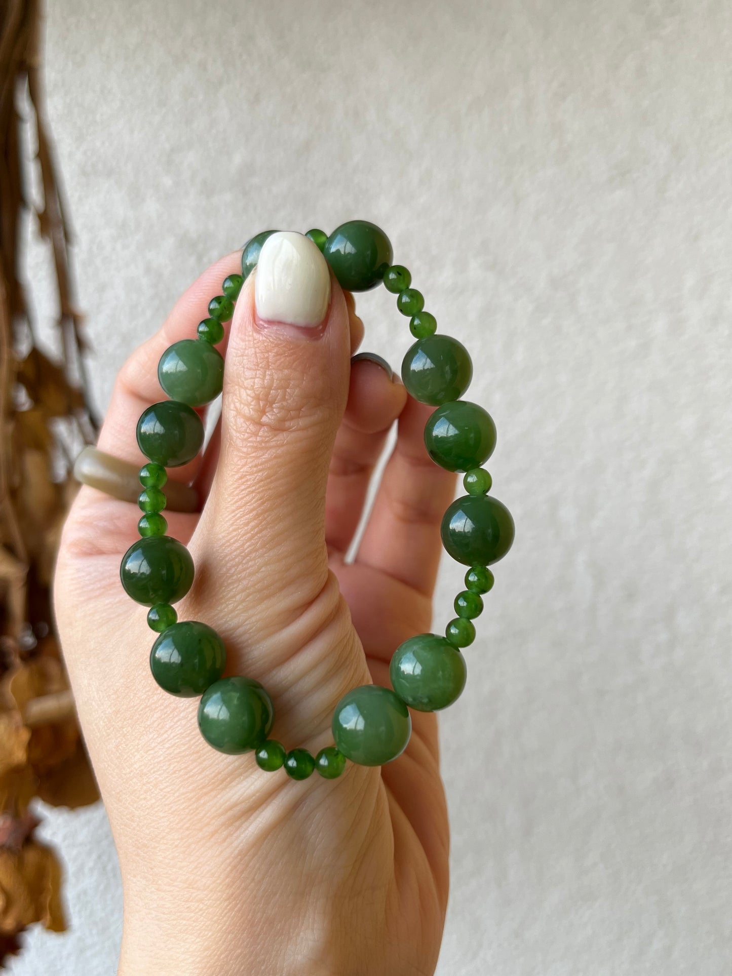 Green Hetian Jade Beaded Bracelet, 10mm & 4mm