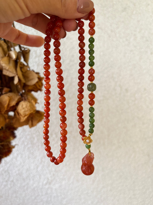 6mm Nanhong Agate and Green Hetian Jade Beaded Necklace