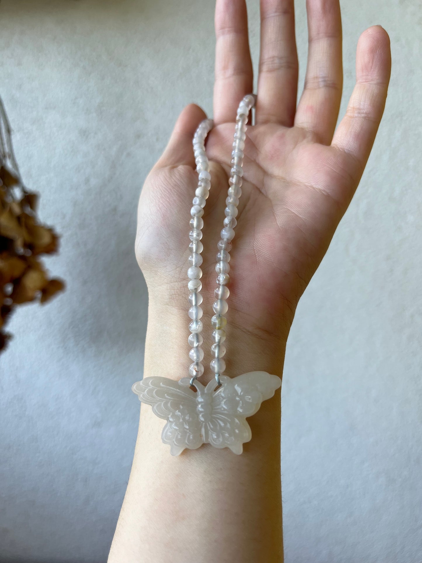 Handmade Necklace with Carved Hetian Jade Butterfly and 4mm Sakura Agate Beads