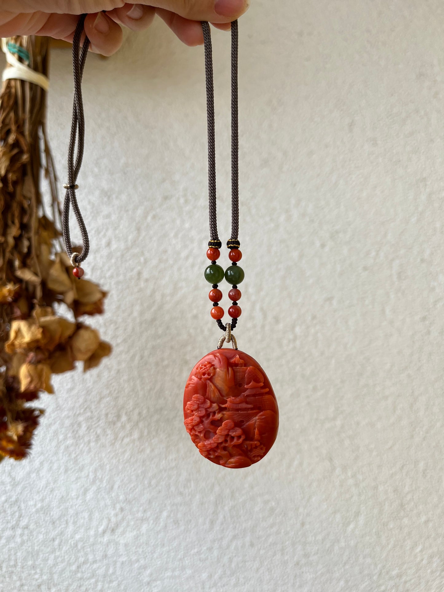 Handmade Necklace with a Hand Carved Nanhong Agate Landscape Pendant, 手雕南红山水