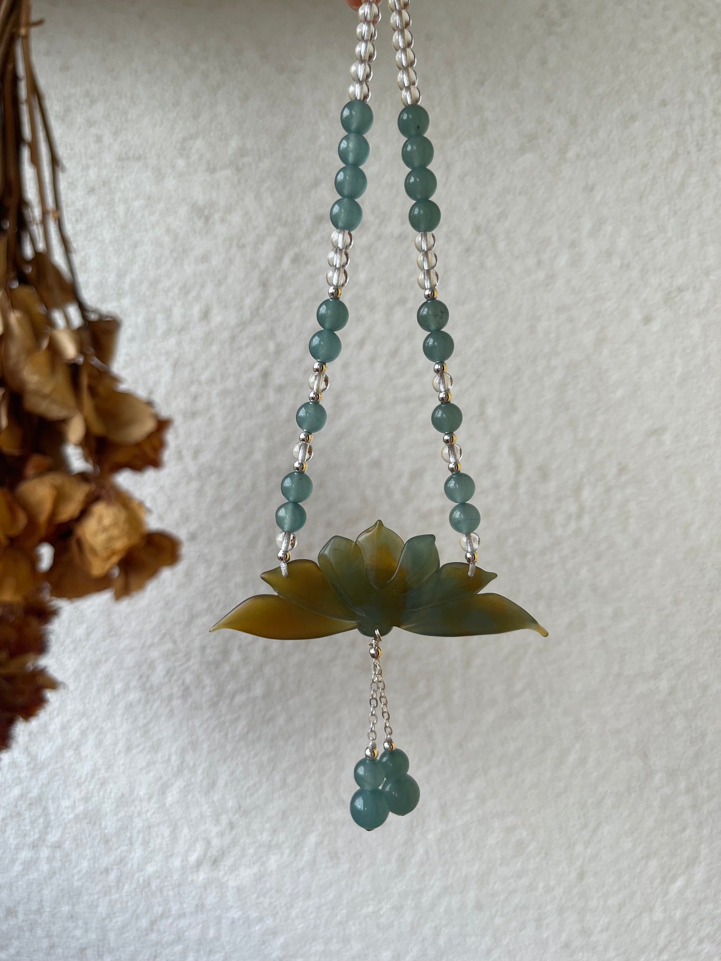 Hand Carved Blue and Brown Xiu Jade Lotus Flower