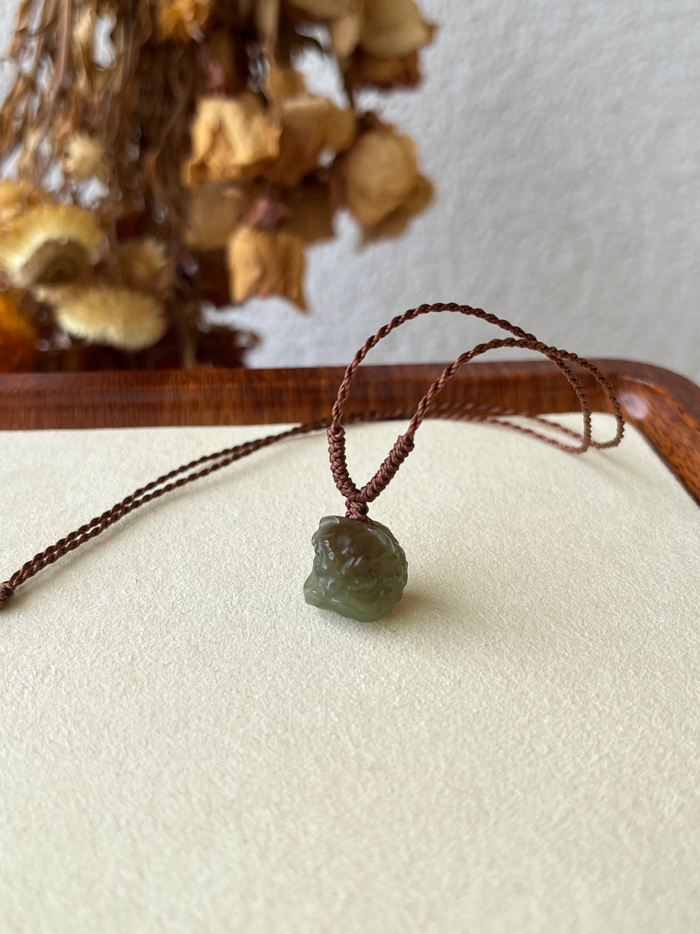 Cute Blue and Brown Hetian Jade Lion Dance Head Necklace