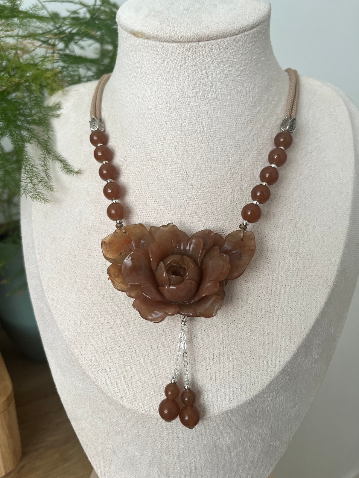 Hand Carved Xiu Jade Peony Pendant