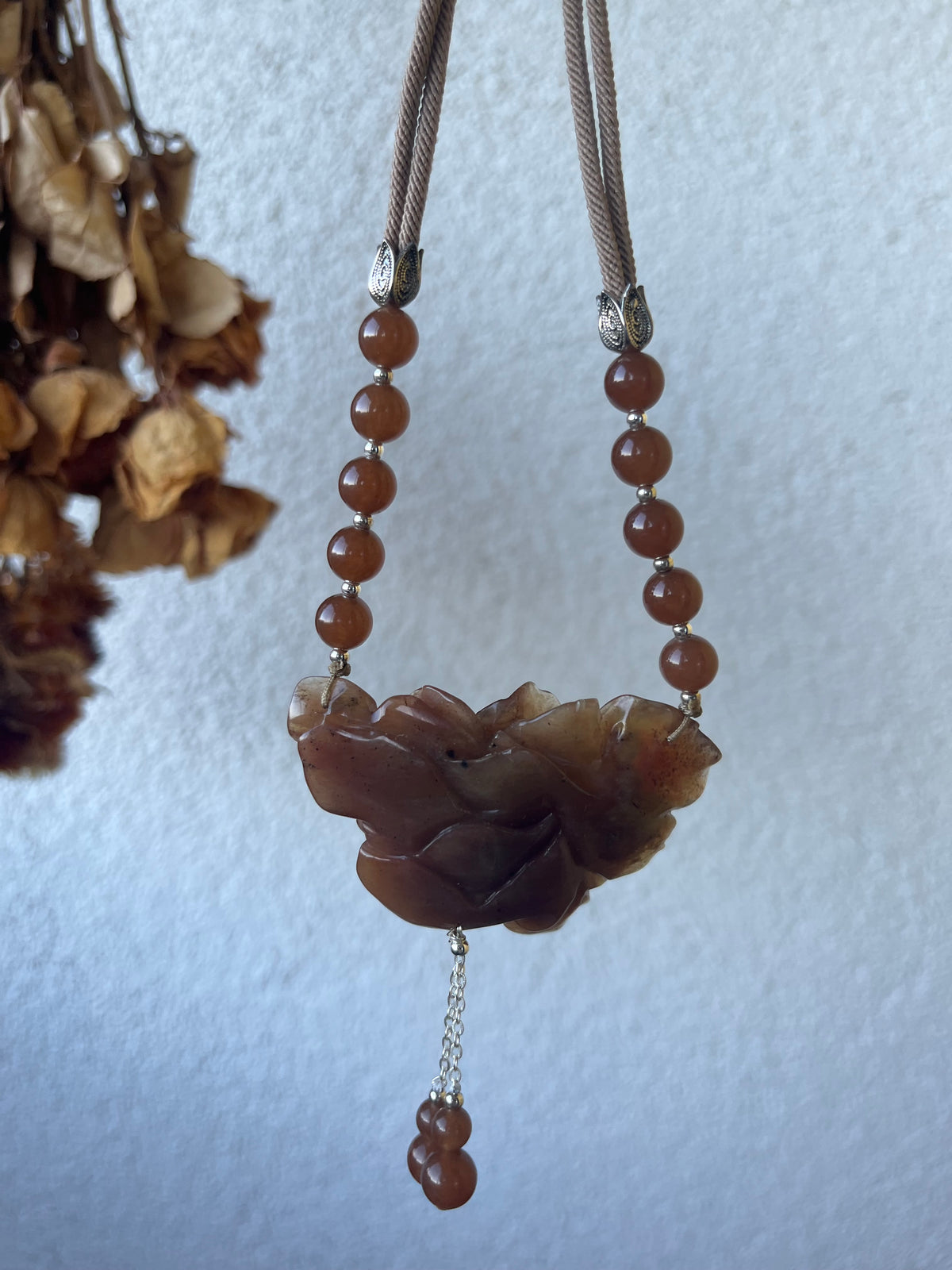 Hand Carved Xiu Jade Peony Pendant