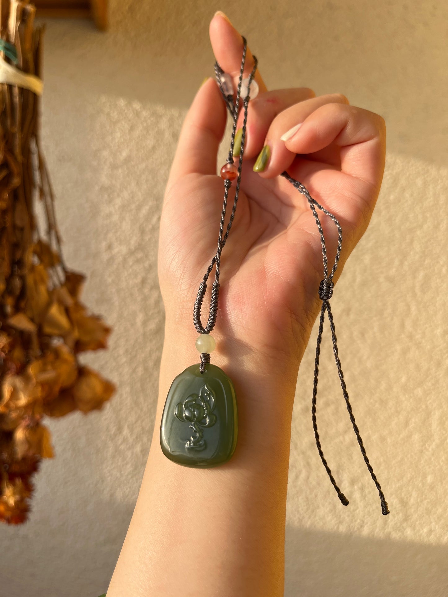 Handmade Necklace with A Hetian Green Jade Happy Buddha Pendant，和田湖水绿逍遥佛