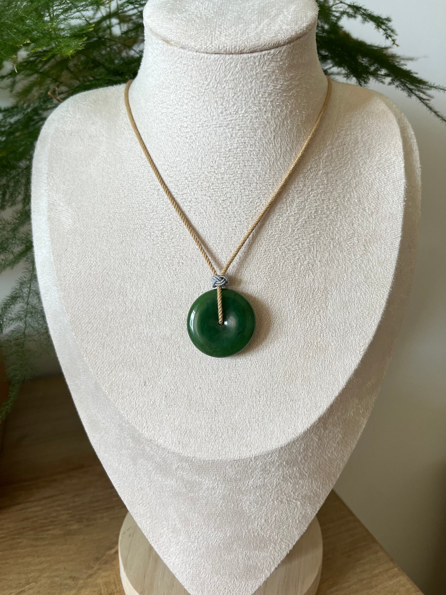Green Hetian Jade Peace Buckle (Ping An Kou) Necklace, 碧玉平安扣