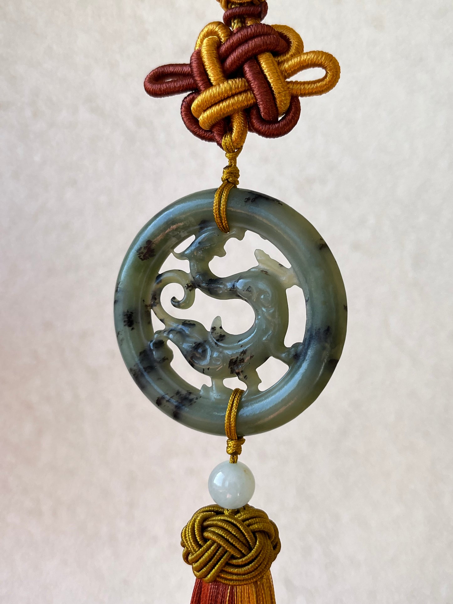 Carved Hetian Jade Chi Dragon Car Hanging,  和田青花螭龙车挂