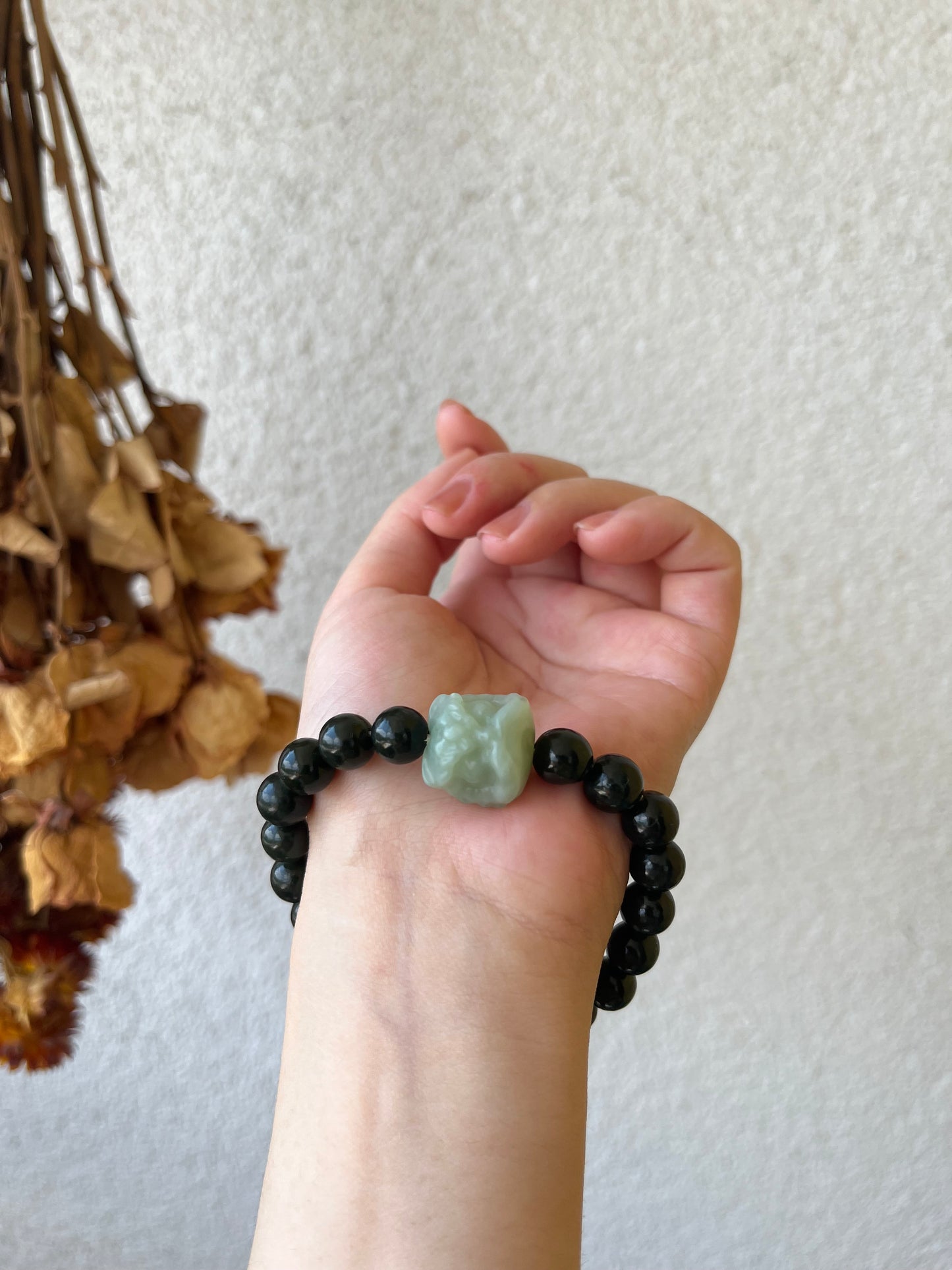 9mm Dark Cyan Hetian Jade Beaded Bracelet with a Blue Hetian Jade Lion Dance Head