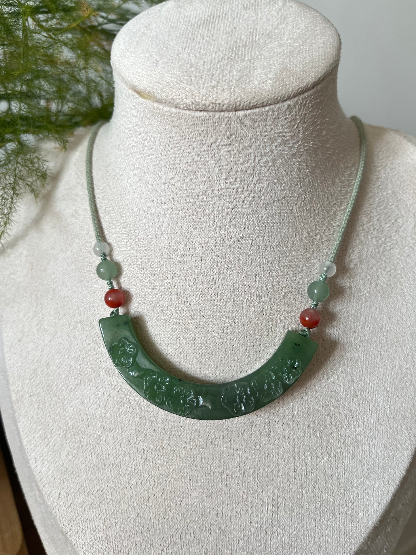 Hand Carved Green Hetian Jade Plum Blossom Arc-shaped Huang Pendant | 手雕碧玉梅花玉璜