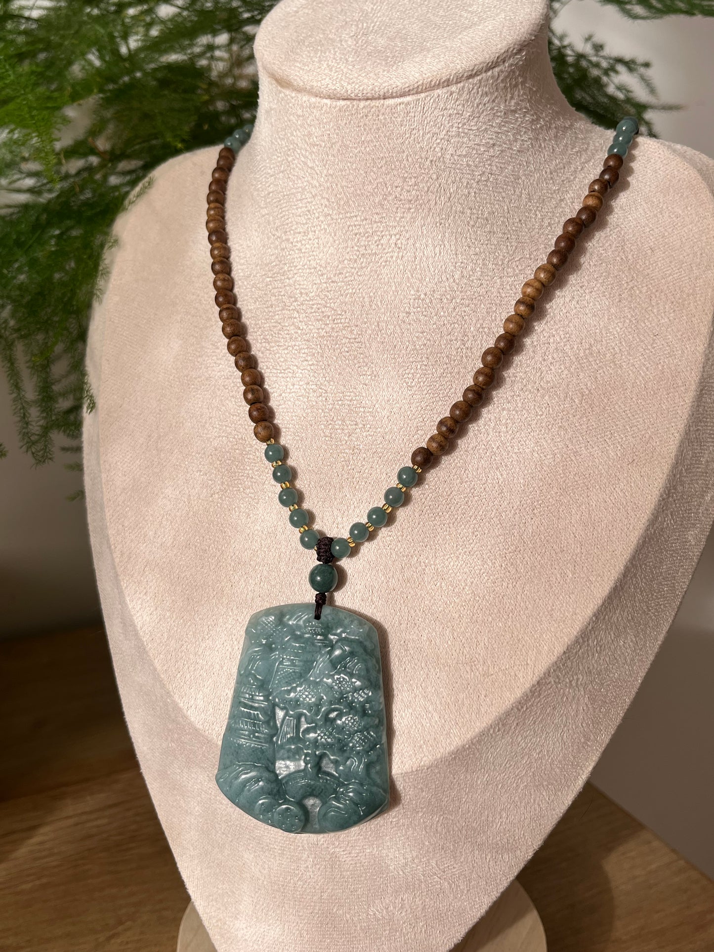Handmade Necklace with Blue Jadeite Landscape Pendant and Agarwood Beaded (5mm) Cord