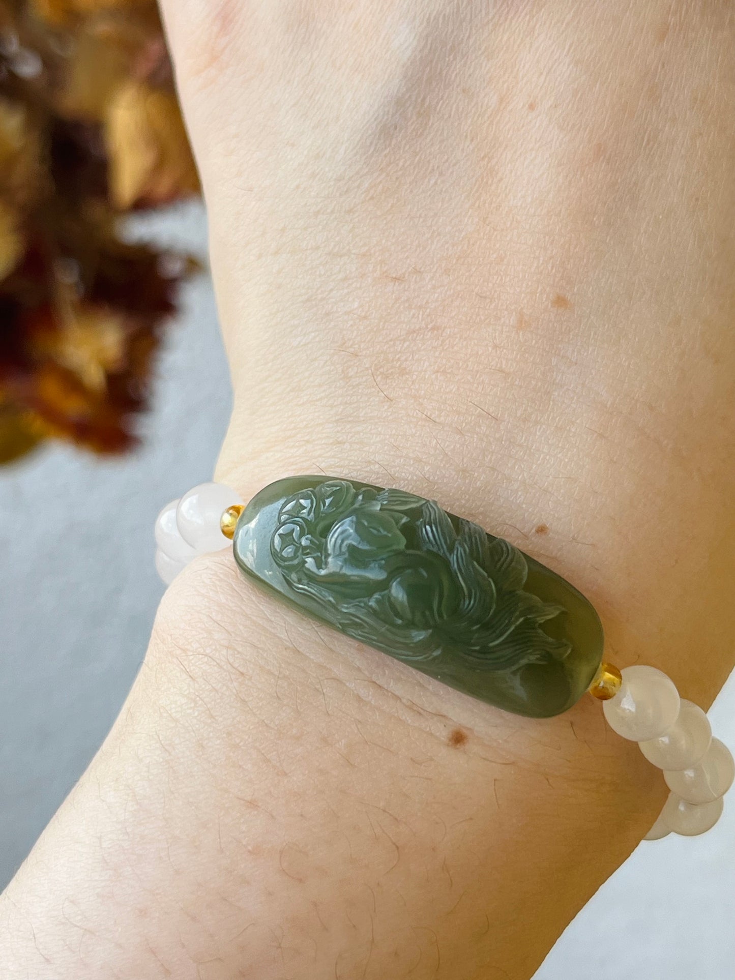 Handmade Bracelet with a Hand Carved Green Hetian Jade Nine Tailed Fox Pendant