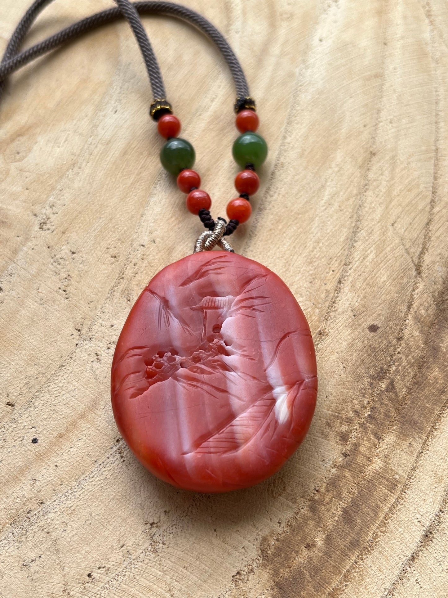 Handmade Necklace with a Hand Carved Nanhong Agate Landscape Pendant, 手雕南红山水