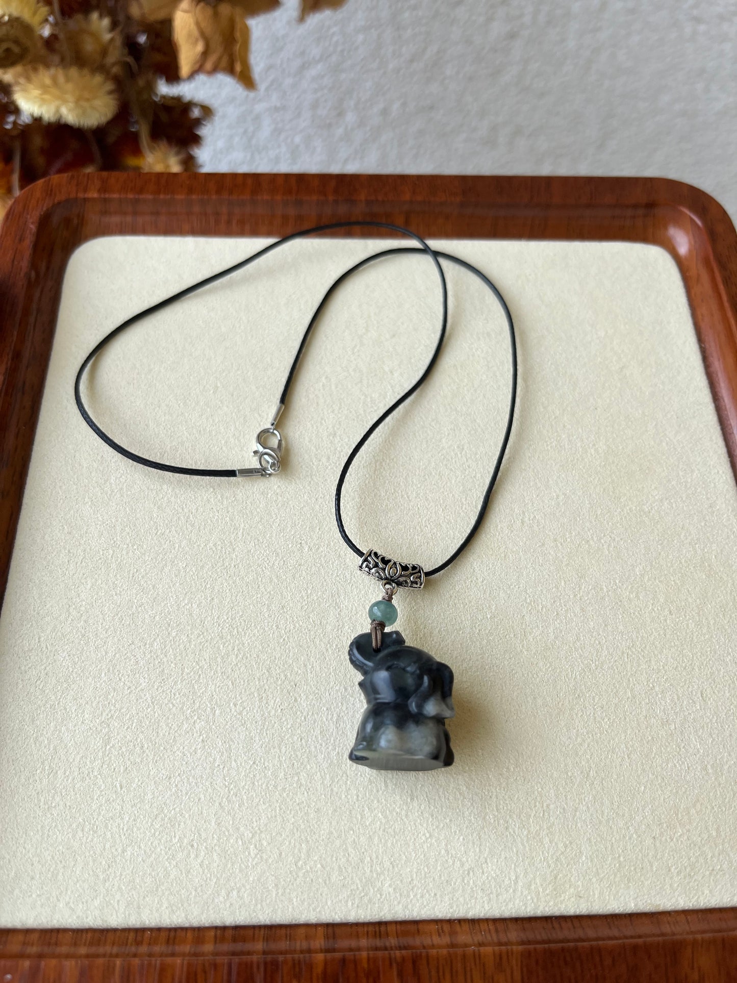 Cute Black Hetian Jade (Qinghua) Elephant Necklace