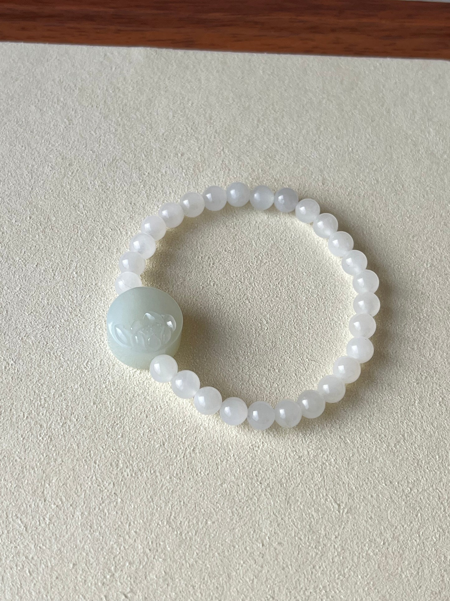 White Hetian Jade Bracelet with a Hand Carved Lotus Pendant and 6mm Beads
