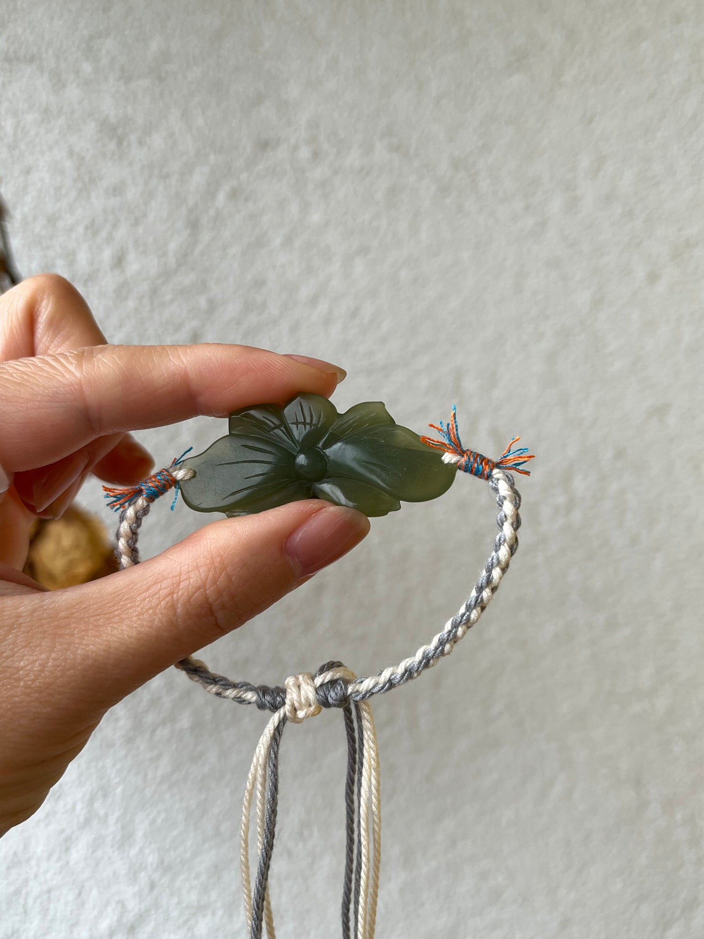 Handmade Bracelet with a Hand Carved Green Hetian Jade Lotus Pendant