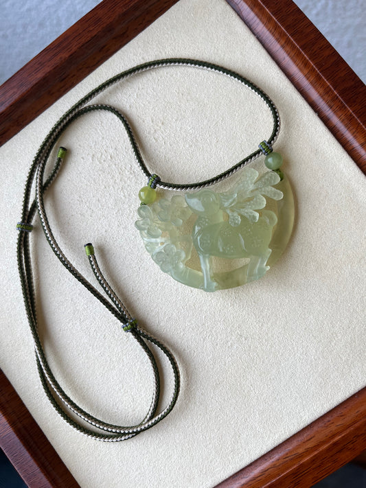 Hand Carved Icy Light Green Xiu Jade Sika Deer | 手雕岫玉梅花鹿