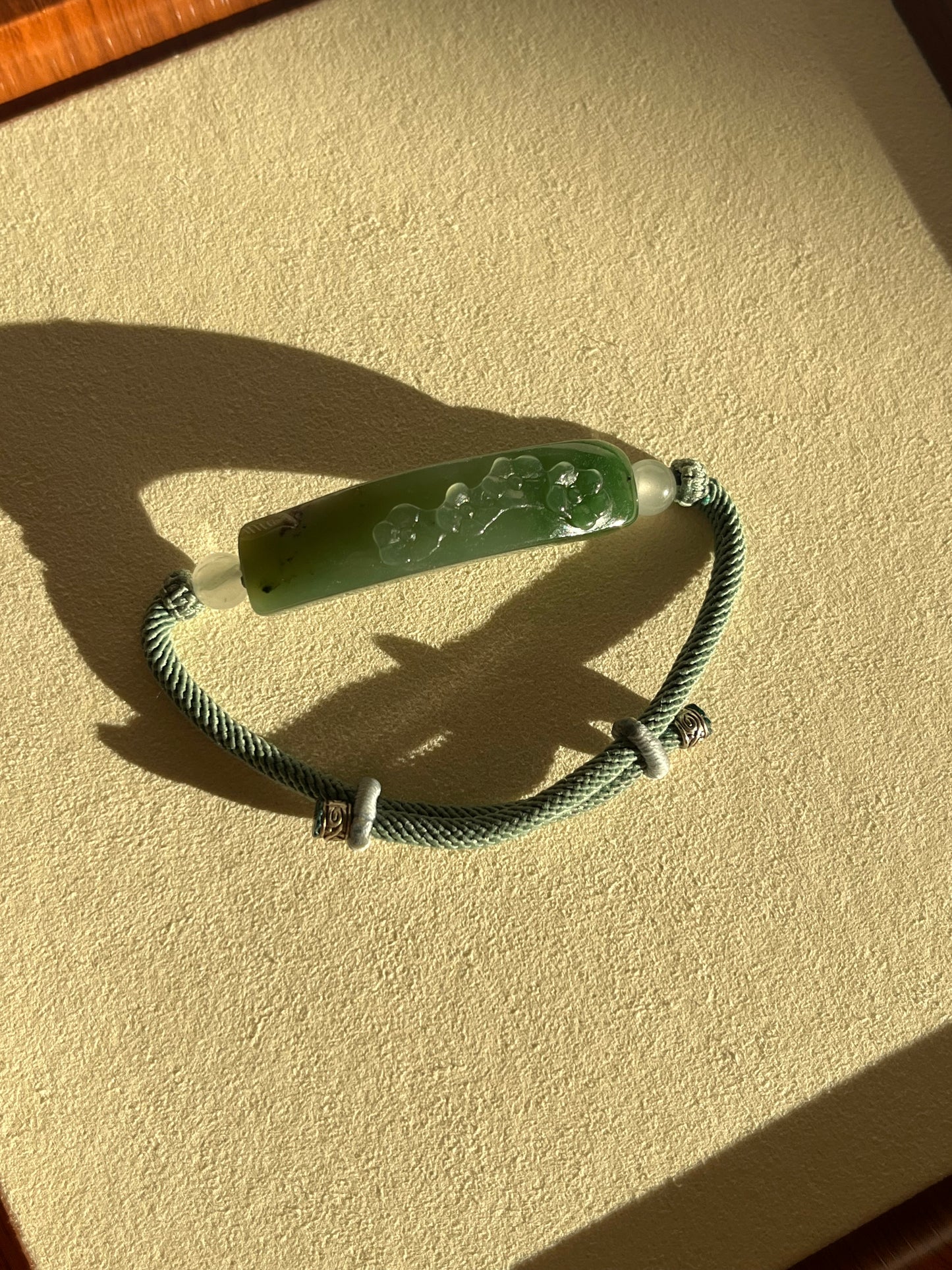 Handmade Bracelet Crafted from Hand Carved Green Hetian Jade Plum Blossom | 碧玉梅花手牌