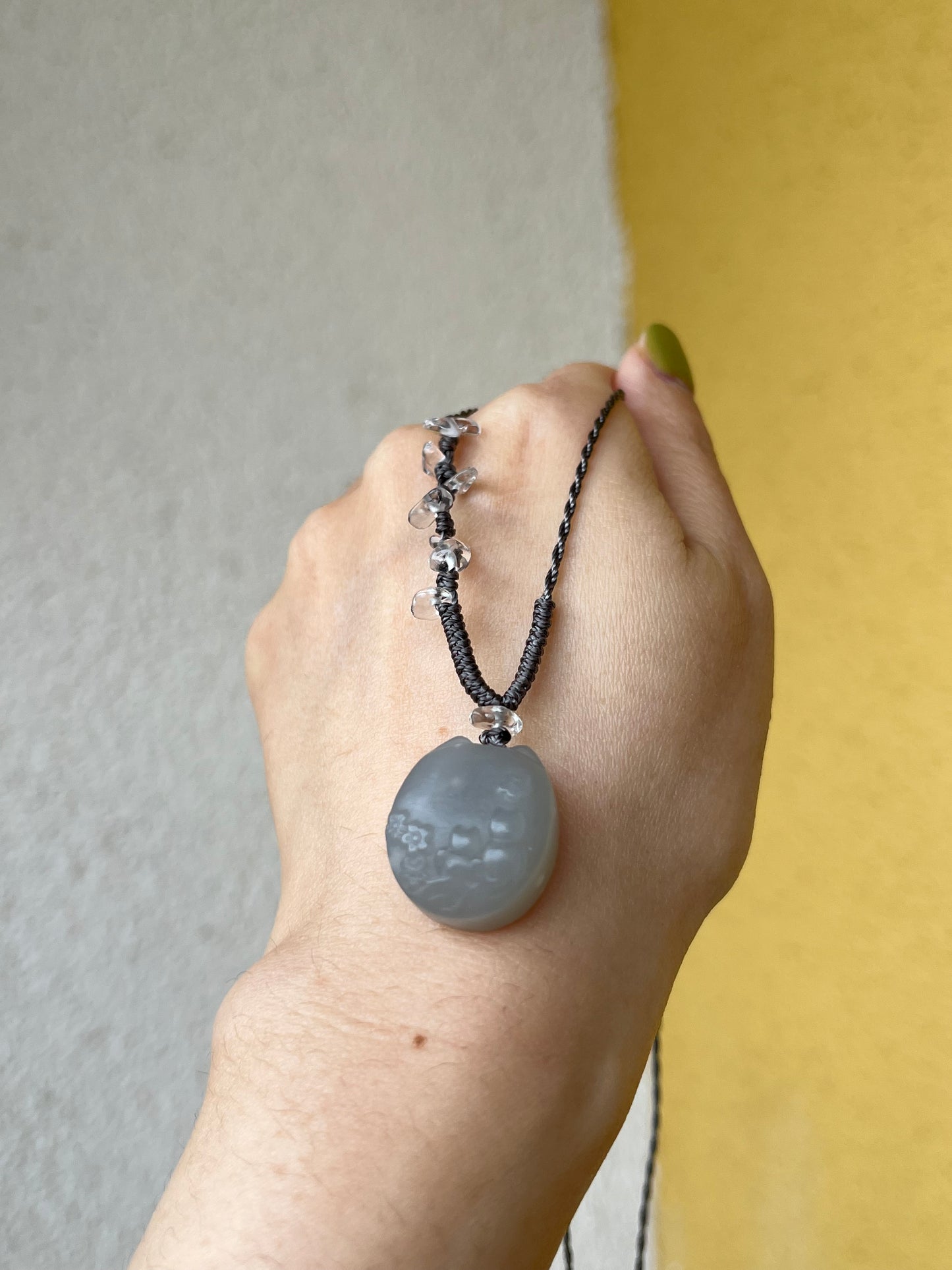 Handmade Necklace with a Hand Carved Hetian Purple Jade Cat Pendant