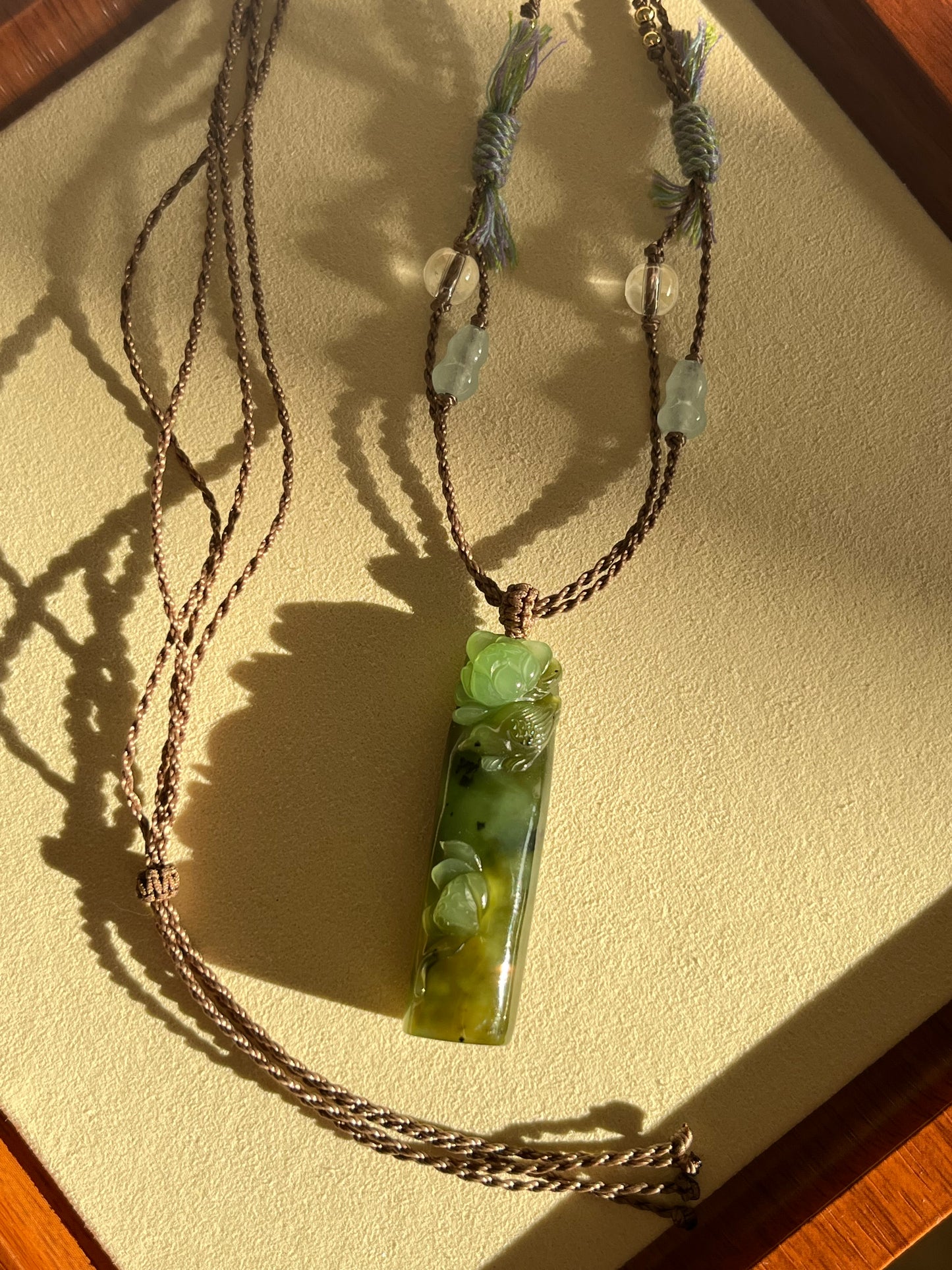 Hand Carved Green Hetian Jade Lotus and Magpie Pendant | 手雕和田碧玉喜鹊荷花吊坠