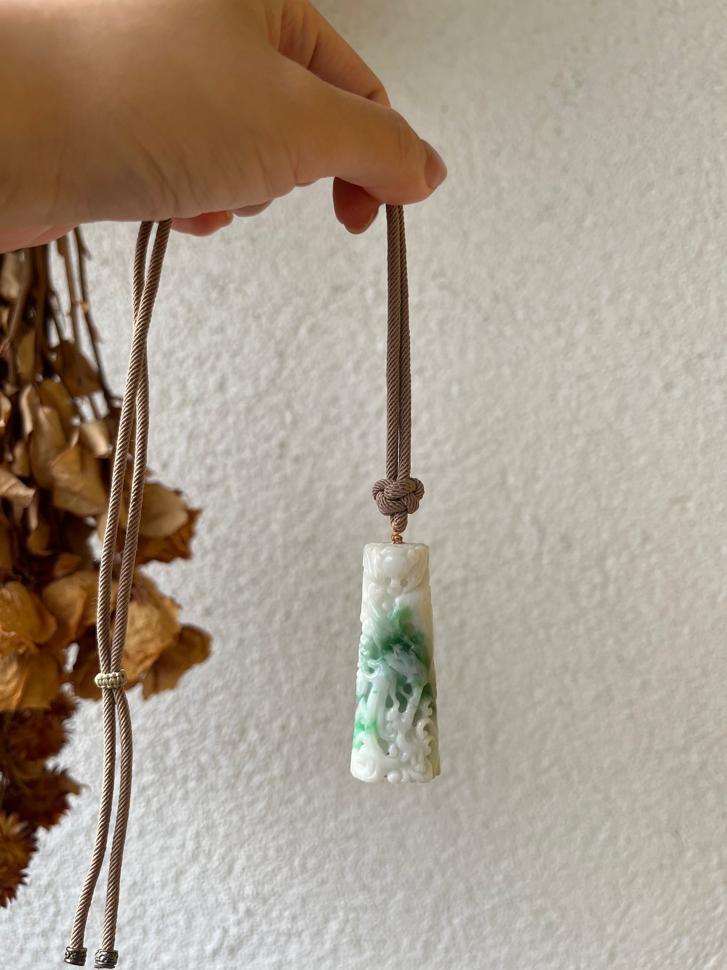 Hand Carved Jadeite Dragon and Phoenix Pillar