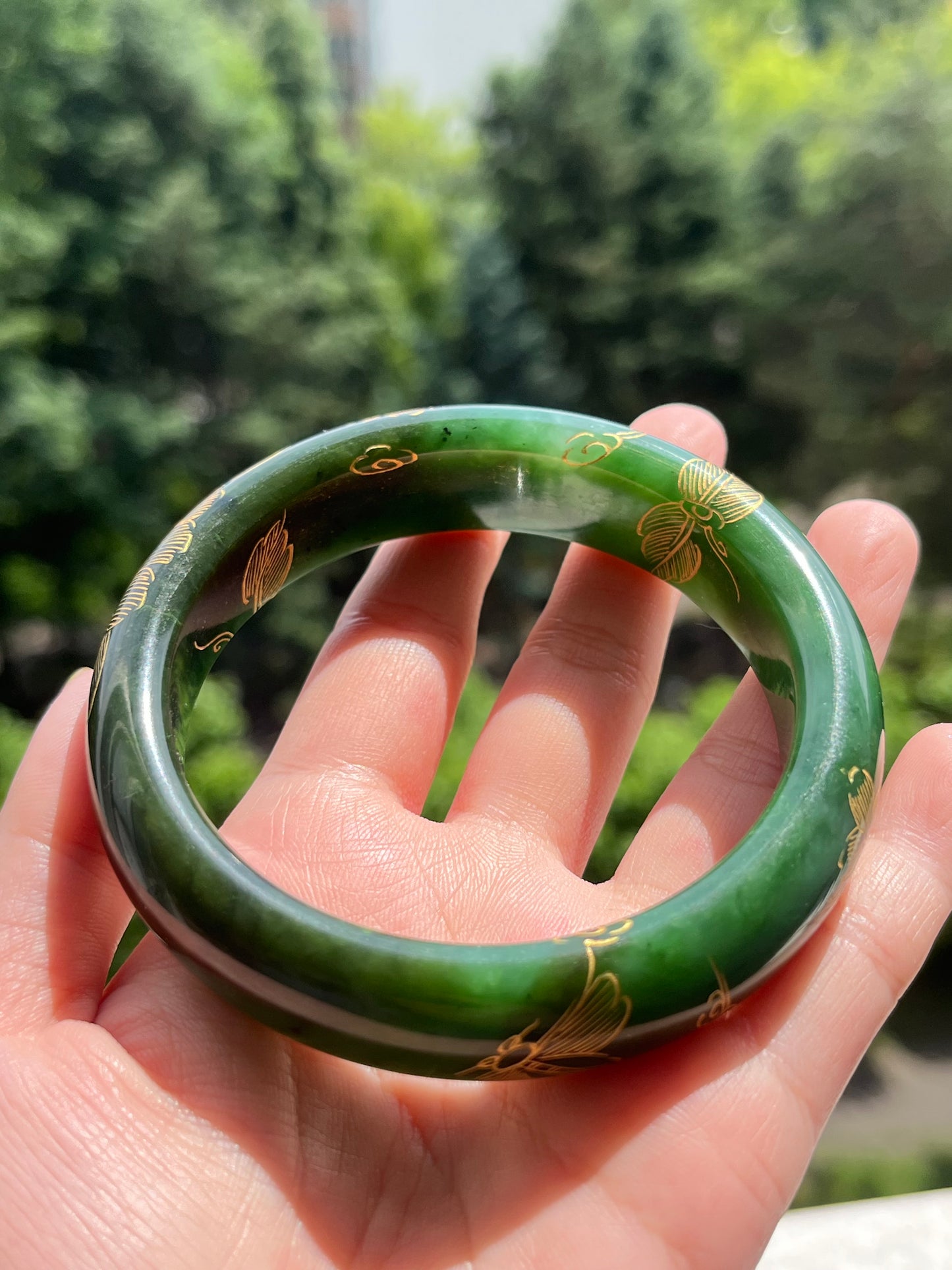 Hetian Jade Bangle with Hand-painted Gold Accents 62mm, 和田碧玉描金宽版手镯