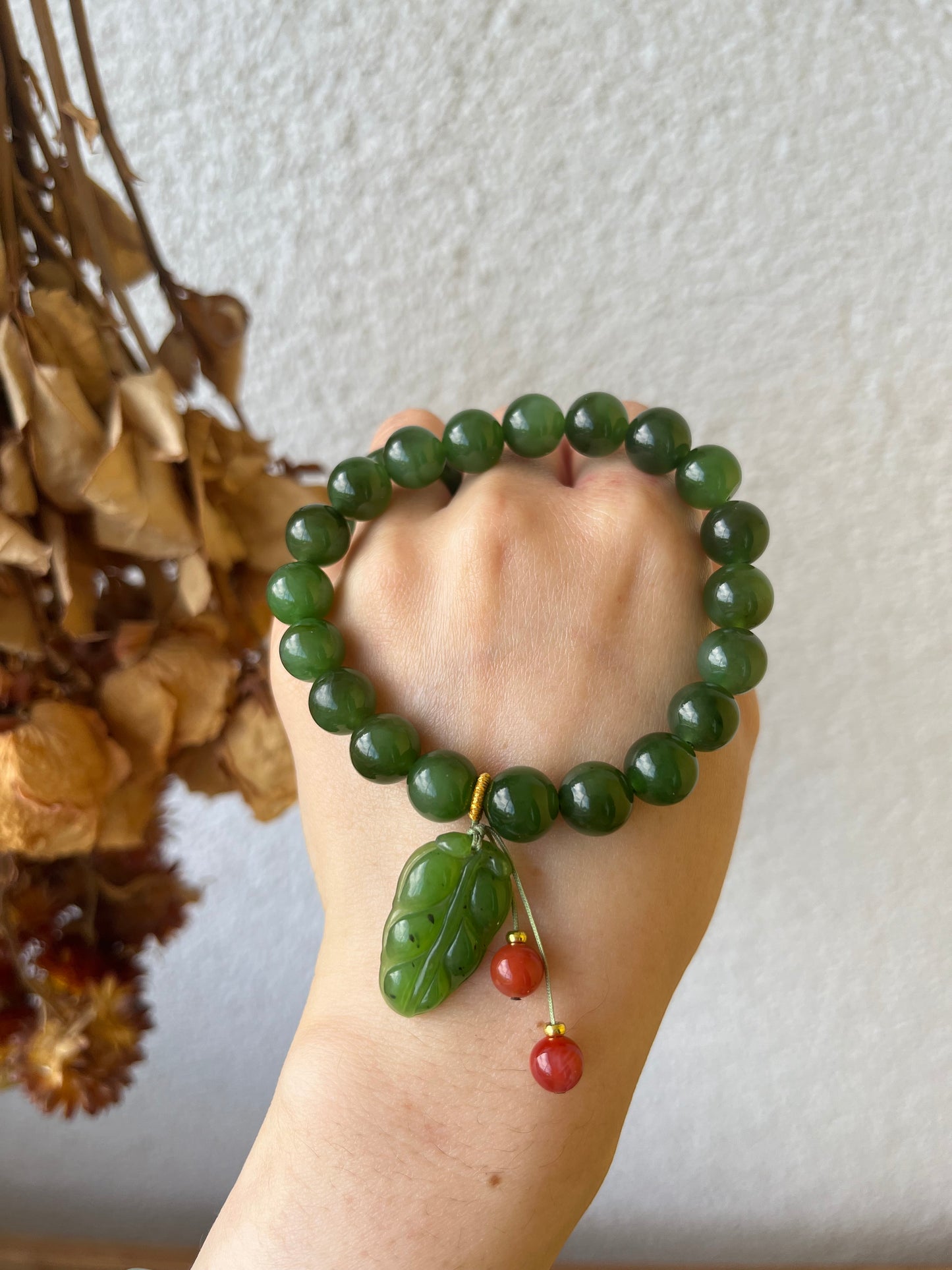 10mm Green Hetian Jade Beaded Bracelet with a Green Leaf Pendant
