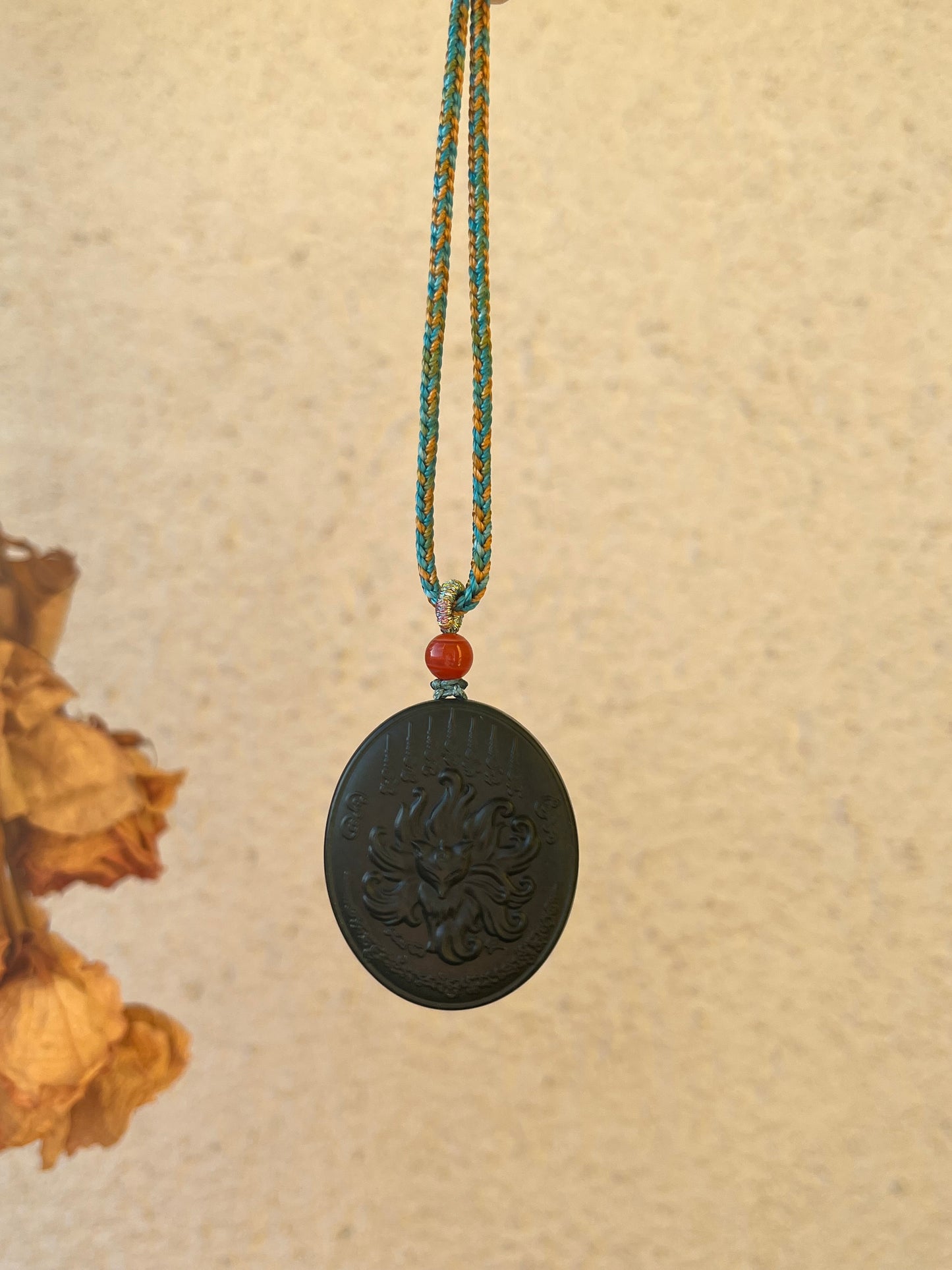 Carved Dark Cyan Hetian Jade Nine-Tailed Fox Pendant, 青玉九尾狐