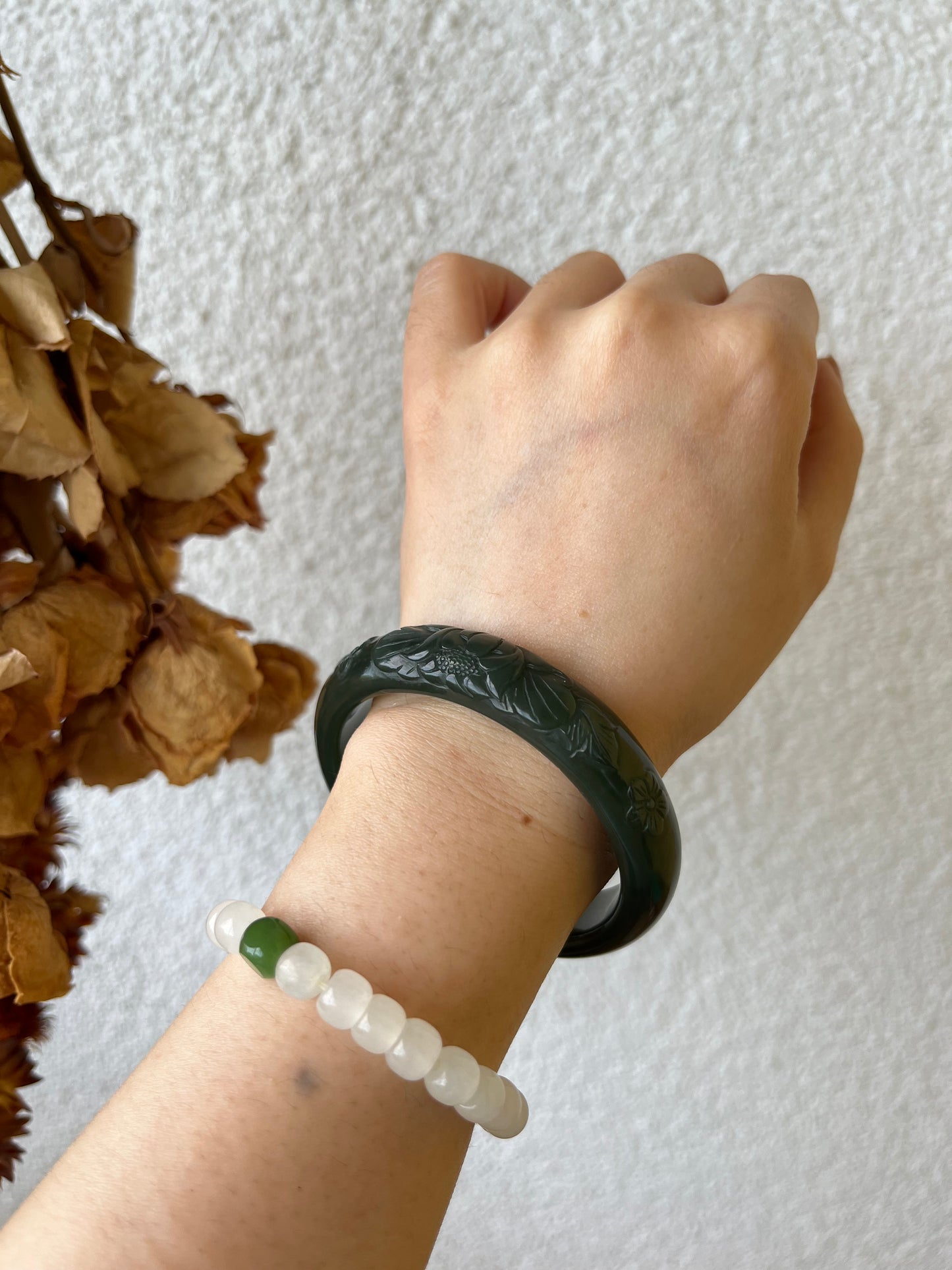 Dark Green Peony Flower Carving Bangle 53mm | 和田深湖水绿牡丹镯